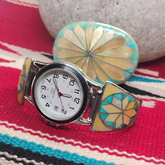 Handmade Jewelry - Vtg Zuni Inlay Set Belt Buckle Watch Tips Turquoise Mother of Pearl Sunburst